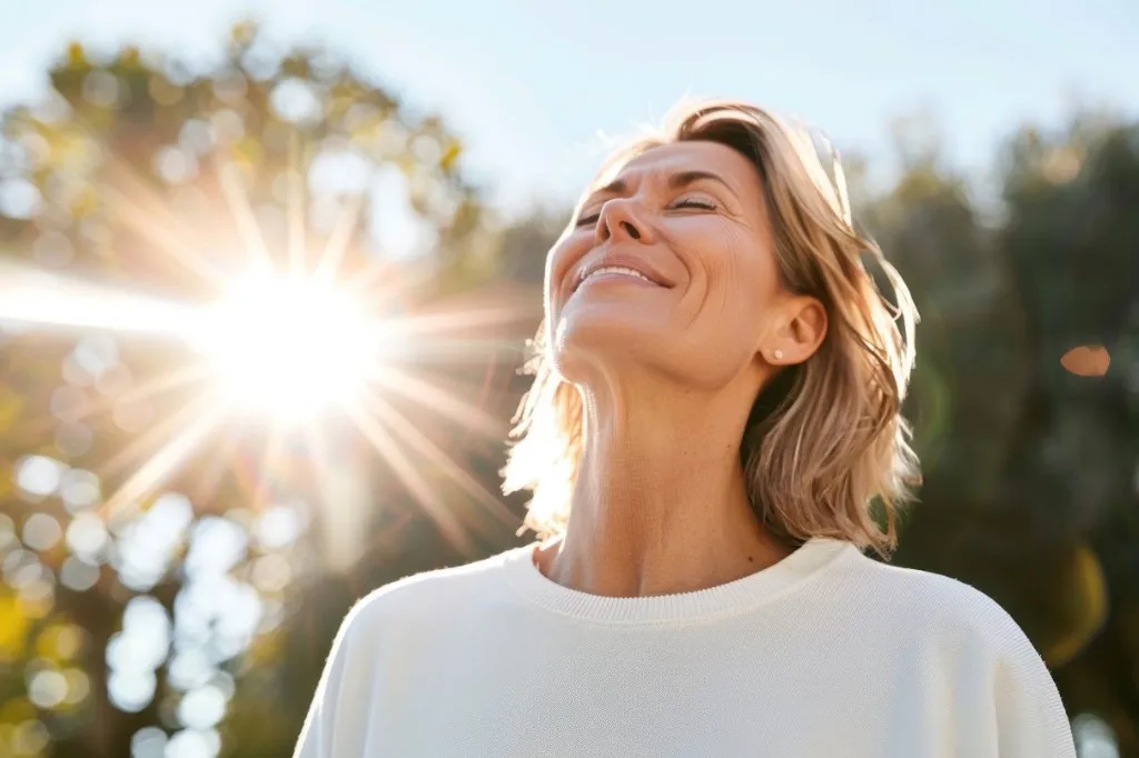 Smiling woman enjoying the sunshine outdoors, feeling revitalized