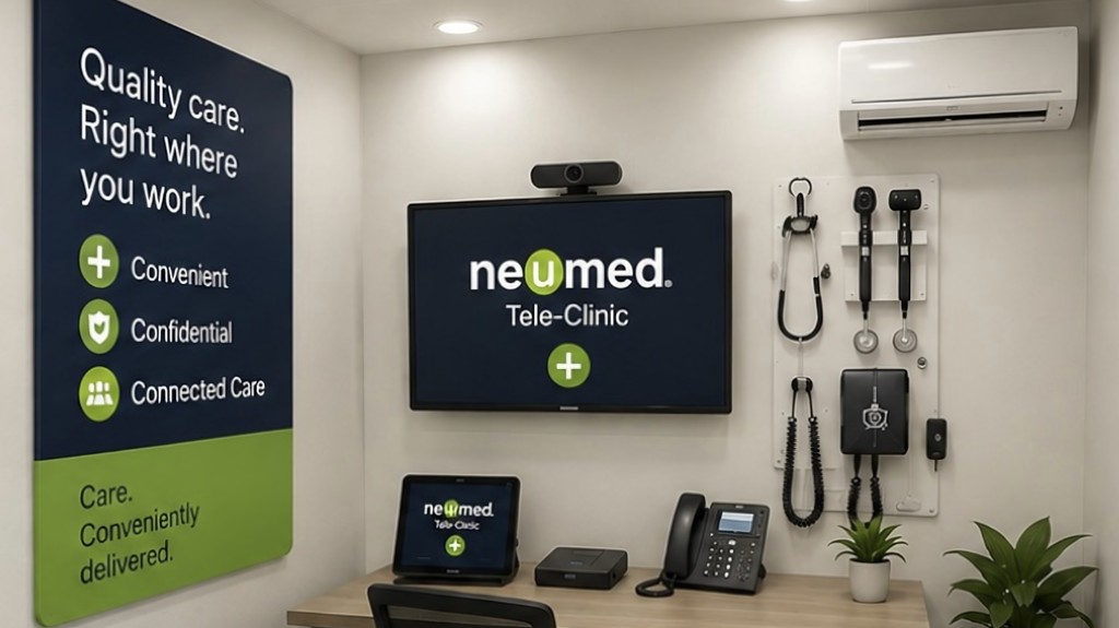 NeuMed on-site Tele-Clinic room with exam desk, display, and clinical equipment