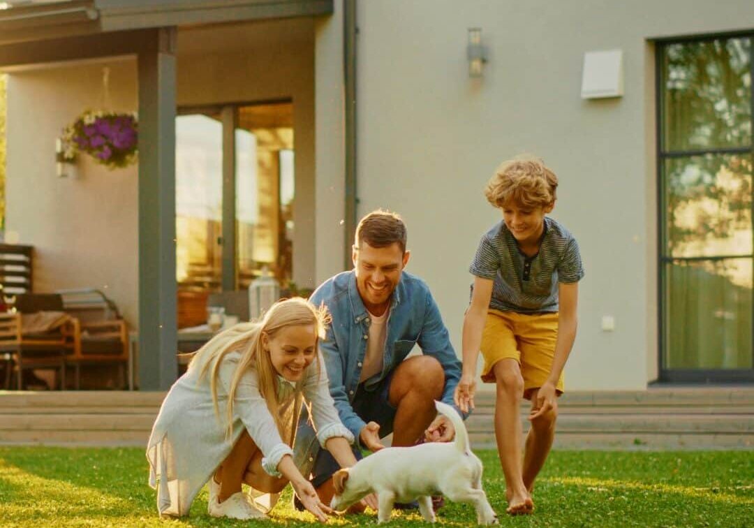 Family playing with their kids and dog outside with no allergies
